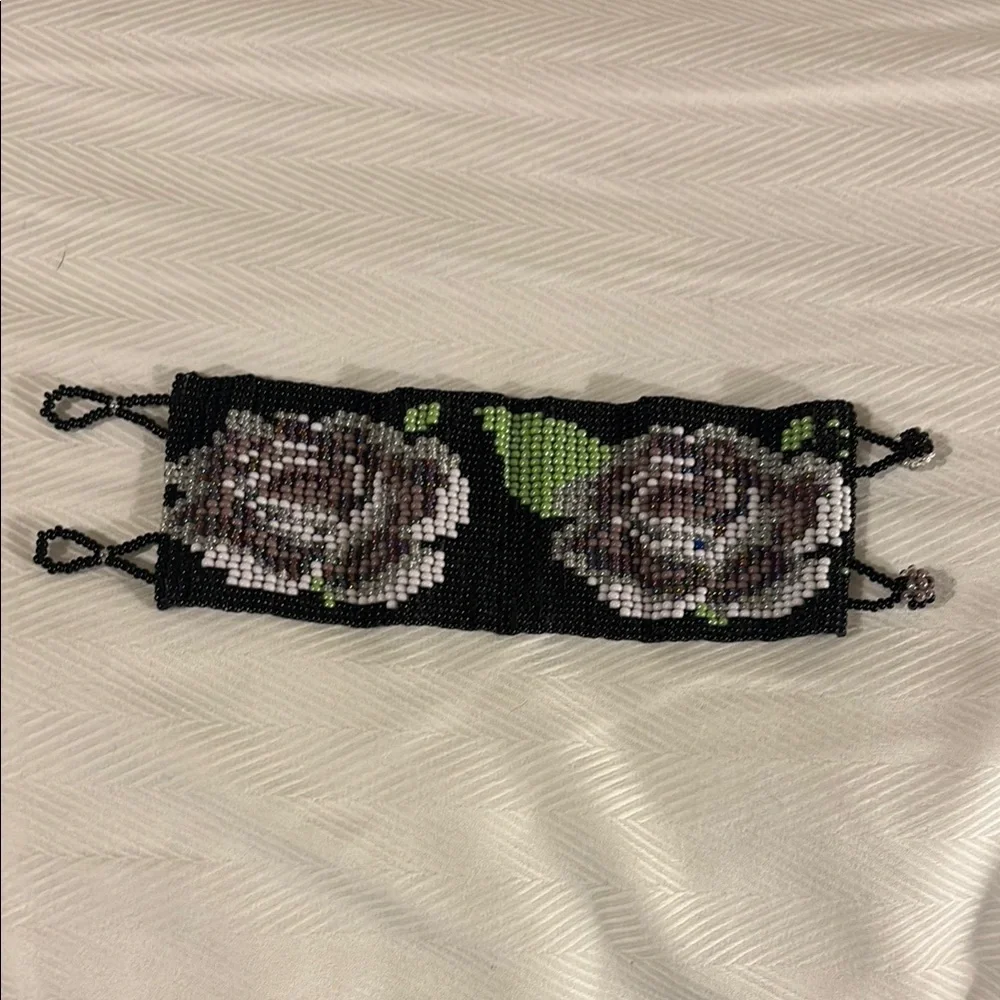 Elegant Black Beaded Floral Bracelet hand beaded